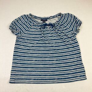 Chaps Womens Cotton Peasant Top Blue Ivory Stripe Short Sleeve Neck Tie Shirt XL